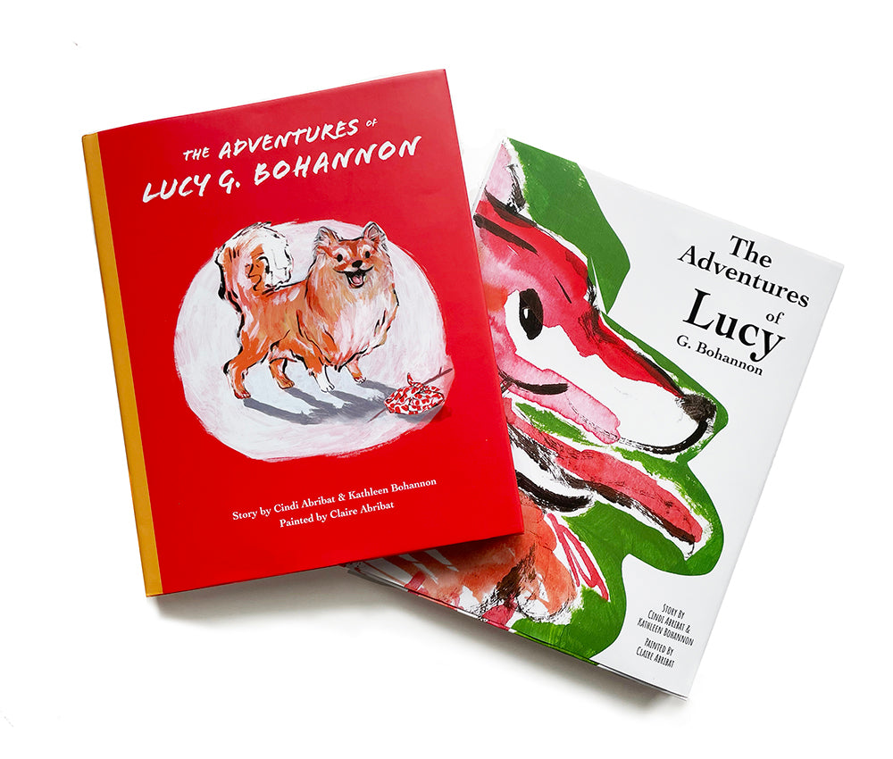 Images of two hardcover books of the children's book, Lucy G Bohannon. One is bright red with Lucy the dog in a central white frame, and the other has a gestrual, colorful dog character cropped closely.